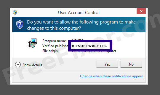 Screenshot where BR SOFTWARE LLC appears as the verified publisher in the UAC dialog
